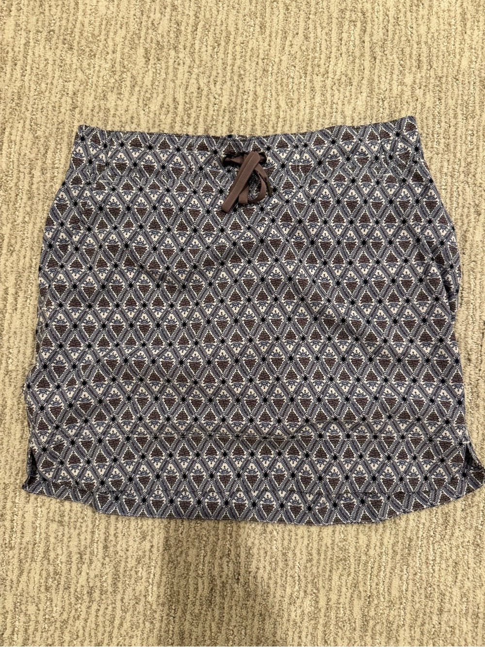 Athleta Navy and Brown Diamond-Print Drawstring Mini Skirt